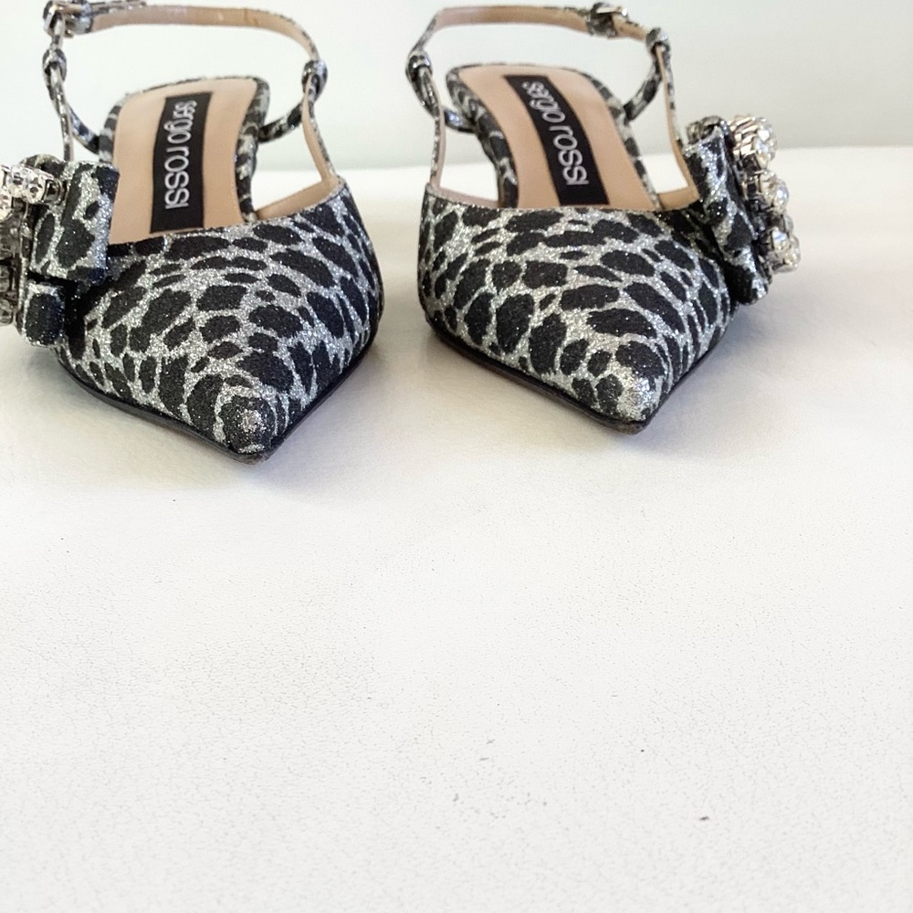 Sergio Rossi Metallic Silver/Black Leopard Pointed Kiten Heel Slingback Pump 6.5 - Picture 6 of 9